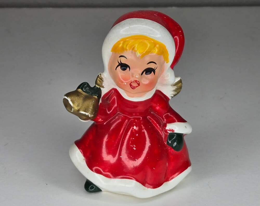 Vintage Ceramic Christmas Angel Girl Figurine Holding Bells Made in Japan
